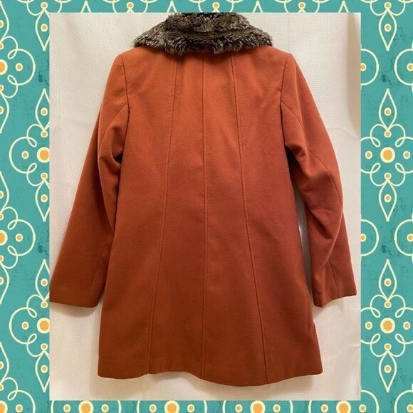 Burnt brown Mod Coat w/ Faux Fur Collar Details Intl Retro Fall Jacket S NWOT - Picture 3 of 11